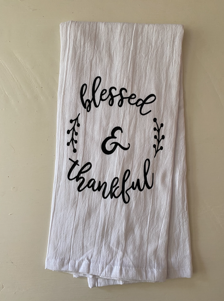 Burgundy Kitchen Towel Embroidered Grateful, Thankful, and Blessed 